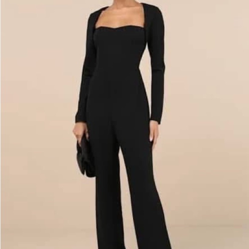Lulu's Stunning Jumpsuit XL Sweetheart Neckline Luxurious Black Longsleeve Pant
